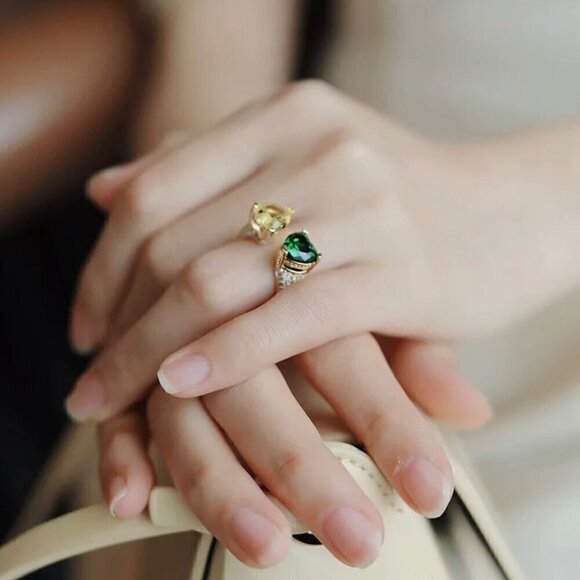 NWT Cocktail Heart Ring 18K Gold Plated Green Yellow CZ Open Adjustable Glam - Picture 2 of 7